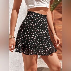 Floral Black and Pink Ruffle Hem Mini Skirt